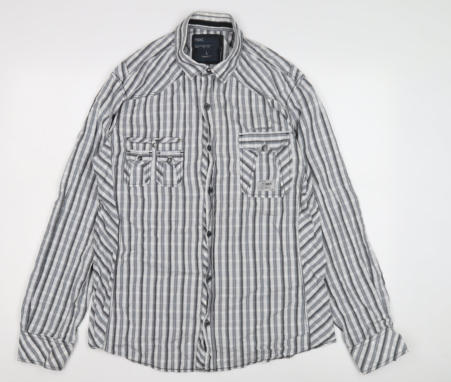 Next Men's Grey Slim Fit Striped Button-Up Shirt L