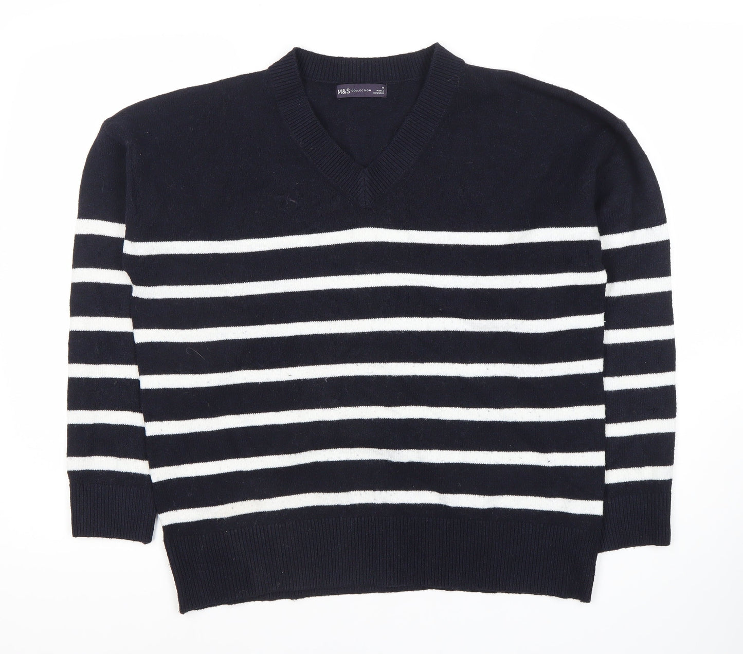 Marks and Spencer Women's Blue Striped V-Neck Jumper M
