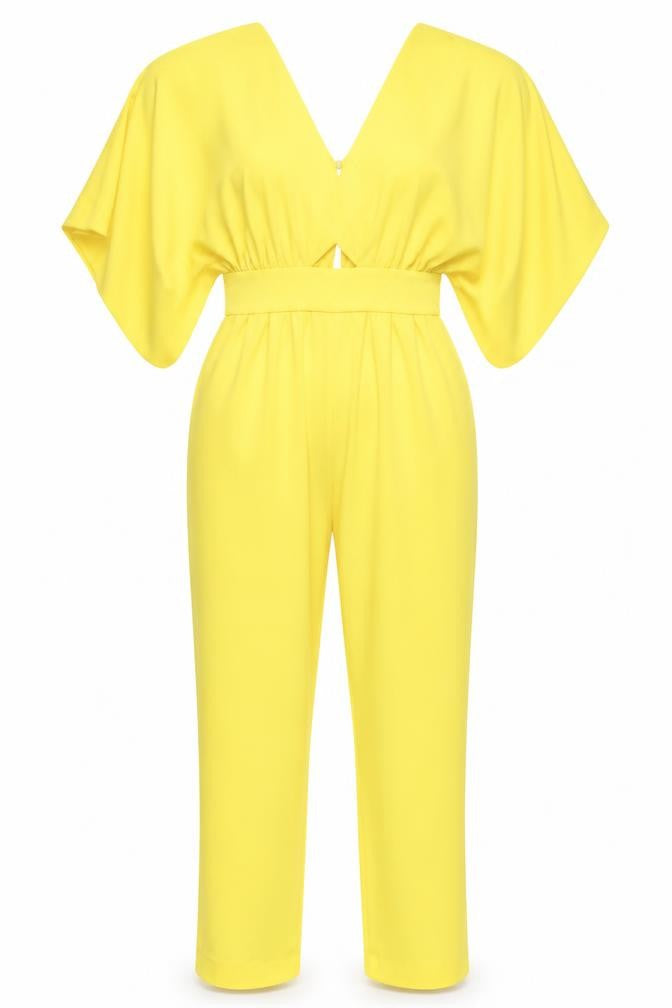 Front view of ASOS Women's Yellow Jumpsuit, size 8, V-Neck Flutter Sleeve