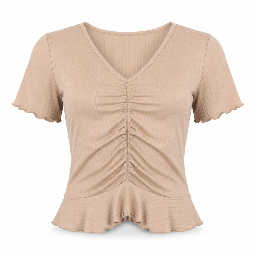 Front view of New Look girls’ brown short sleeve v-neck t-shirt, size 14-15