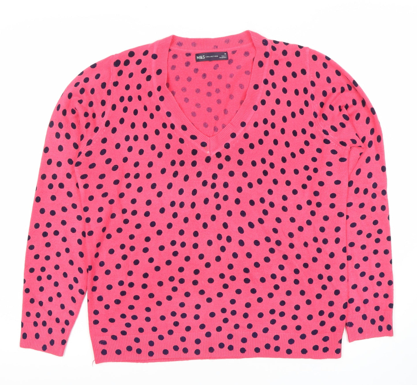 Marks and Spencer Women's Pink Polka Dot V-Neck Jumper M