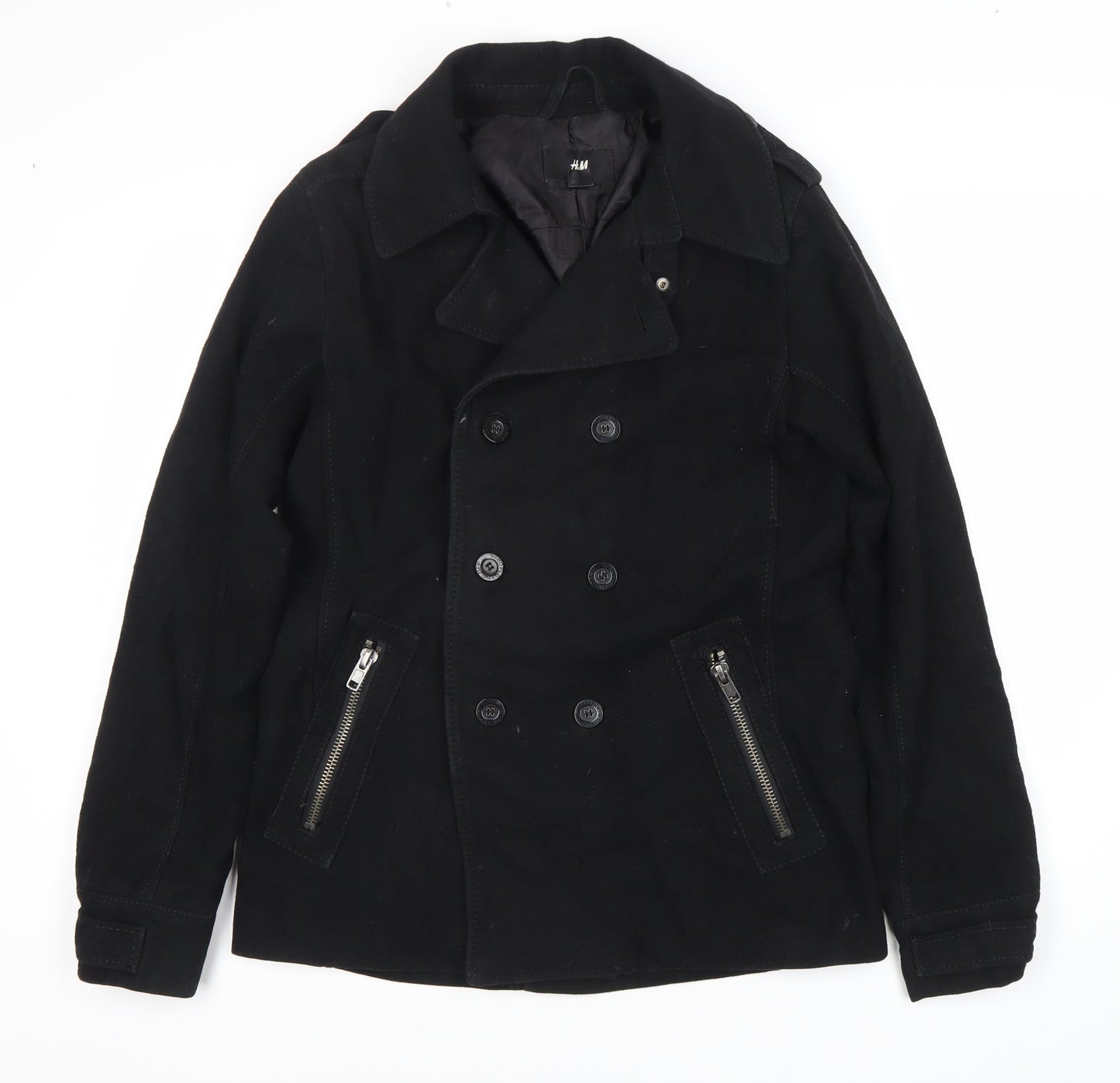 H&M Women's Black Pea Coat, Size 14, Double-Breasted