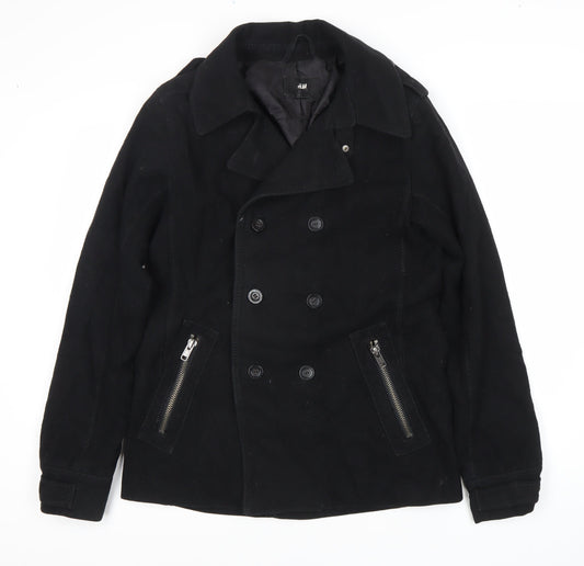 H&M Women's Black Pea Coat, Size 14, Double-Breasted