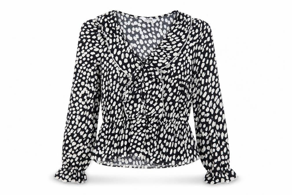 Front view of Dorothy Perkins Women's Black Ruffle Blouse, size 8