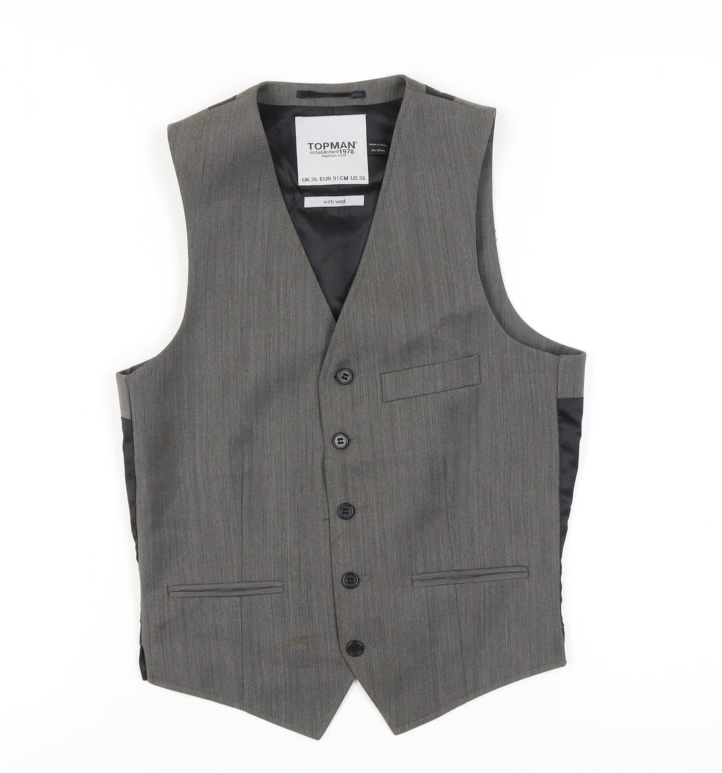 Topman Men's Grey Waistcoat 36 Herringbone Formal