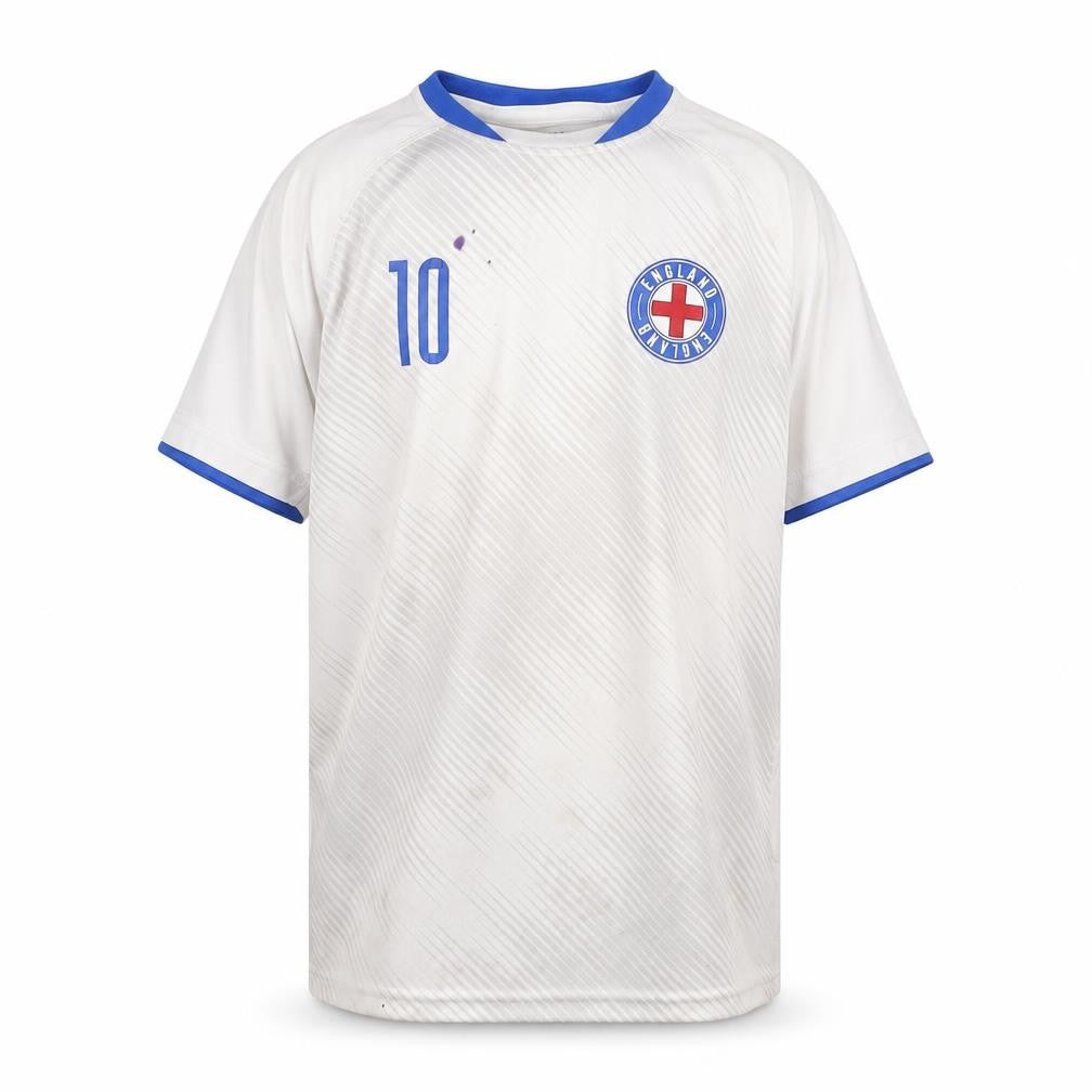 Front view of H&M boys’ white football jersey t-shirt, light stains, size 10-12, years