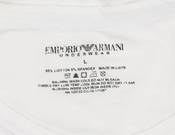 Emporio Armani Men's White L T-Shirt, Logo Accent, Crew Neck