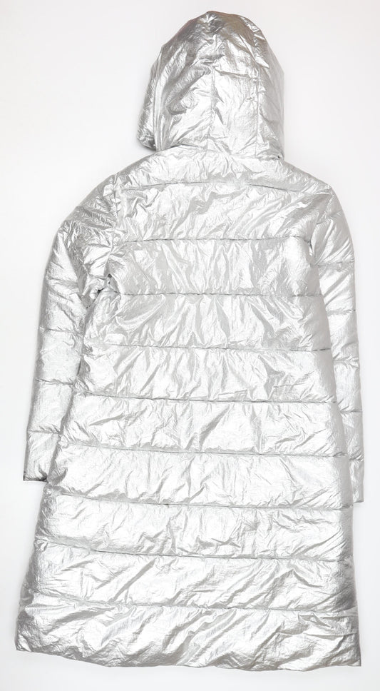 MY TWIN TWINSET Women's Silver Puffer Coat M Hooded Winter