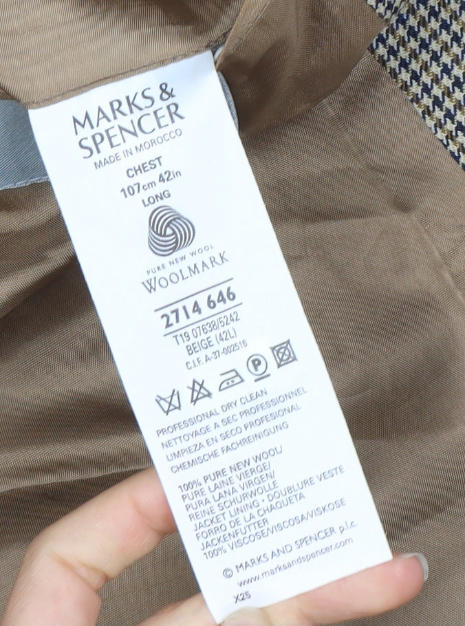 Marks and Spencer Men Beige Check Wool Blazer 42L