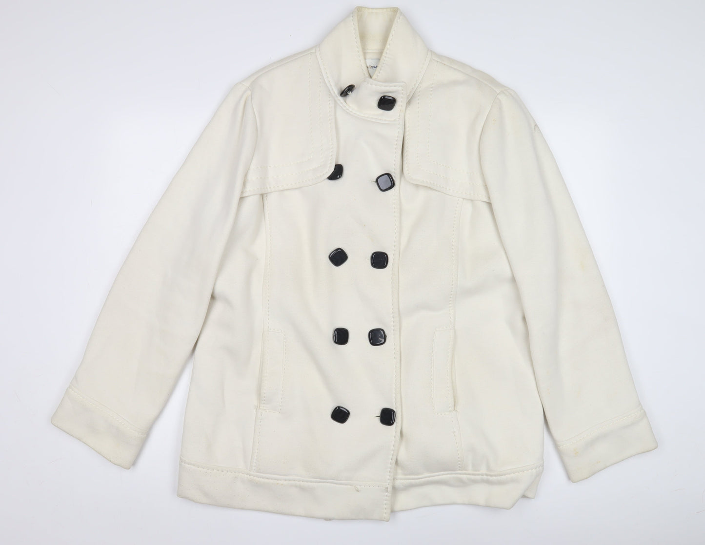 BHS Women's White Cotton Pea Coat, Size M, Double-Breasted