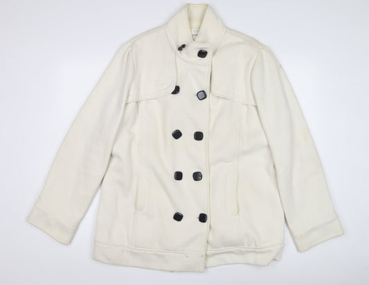 BHS Women's White Cotton Pea Coat, Size M, Double-Breasted