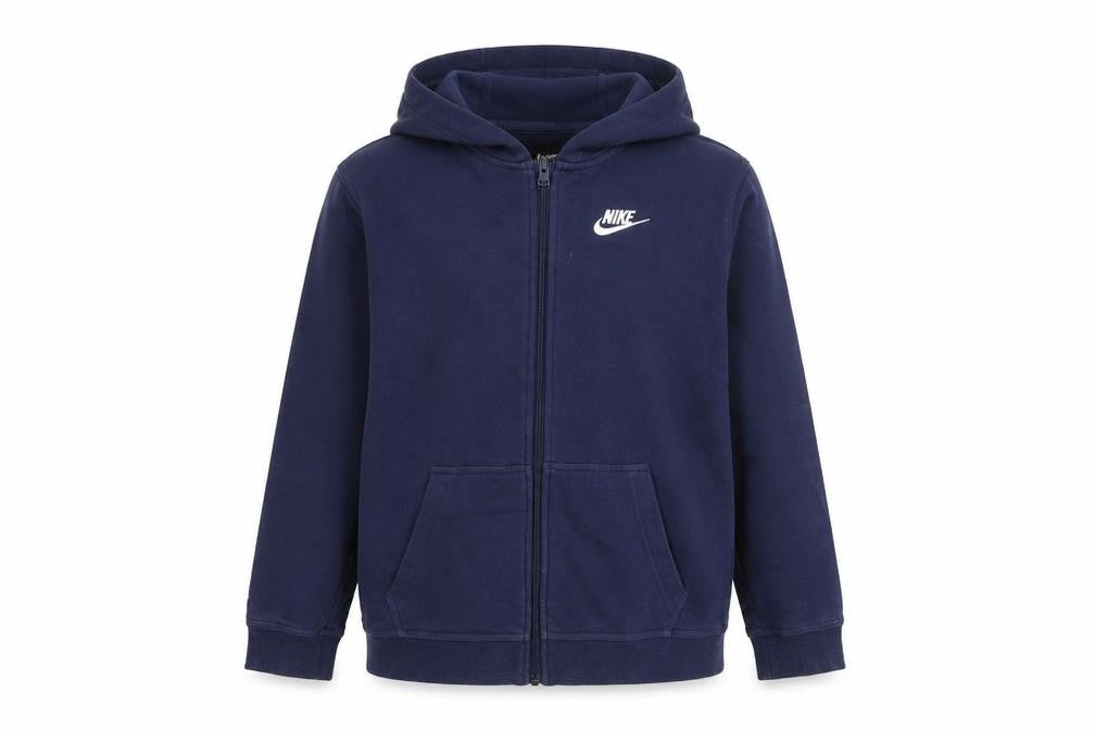 Front view of Nike boys’ blue xl full zip hoodie, sports logo, hooded