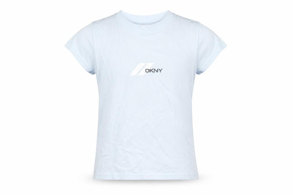 Front view of DKNY girls’ blue t-shirt, size 12, years, short sleeve, logo