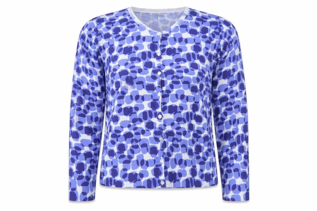 Front view of Linea Women's Blue Cardigan, size L, Geometric Pattern
