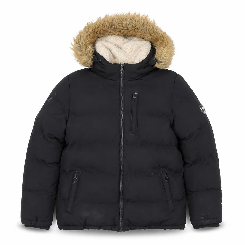 Front view of SoulCal Black girls’' puffer jacket, size 13, years with fur hood