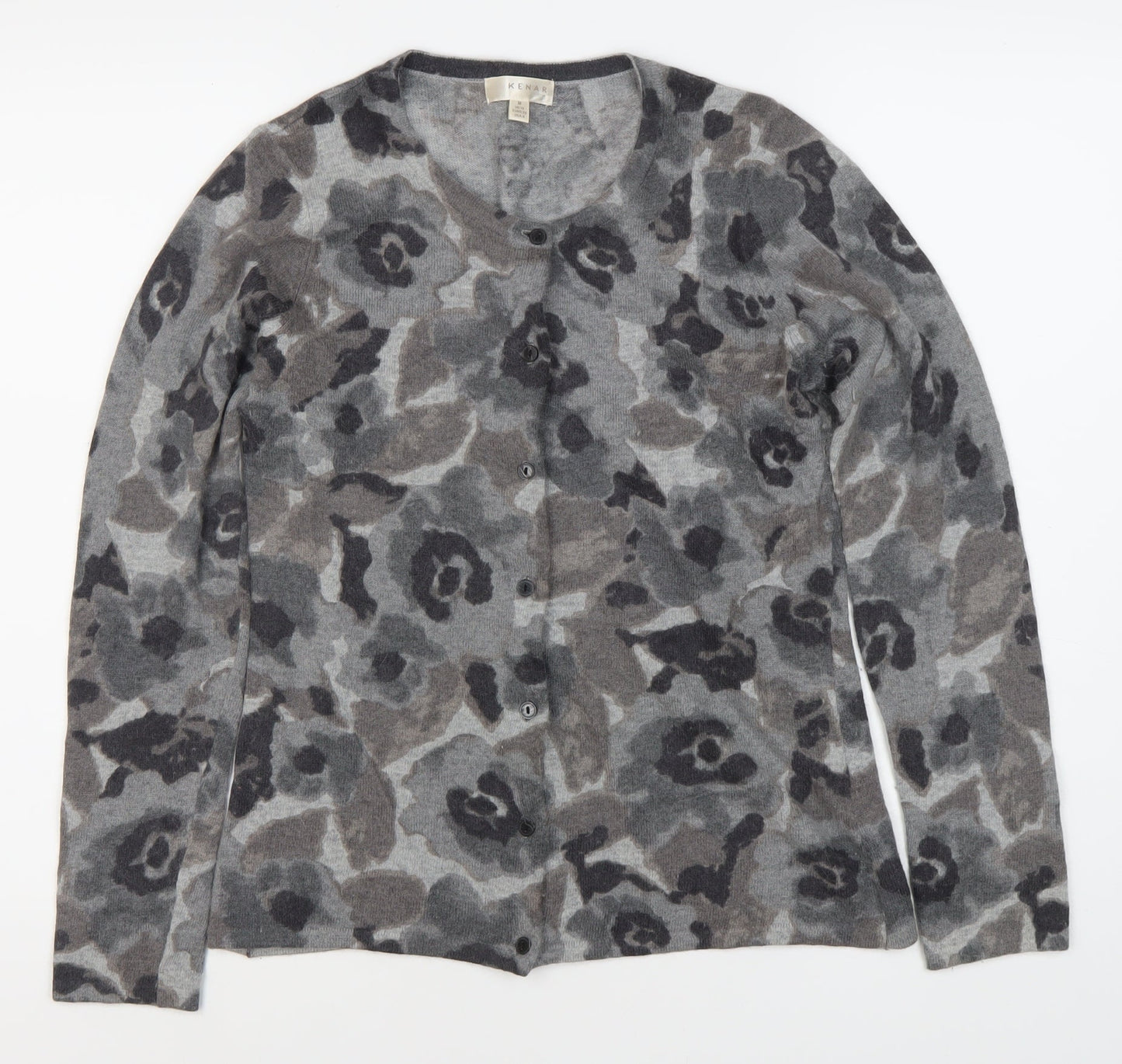 KENAR Women's Grey Floral Cardigan M, Long Sleeve, Button Accents