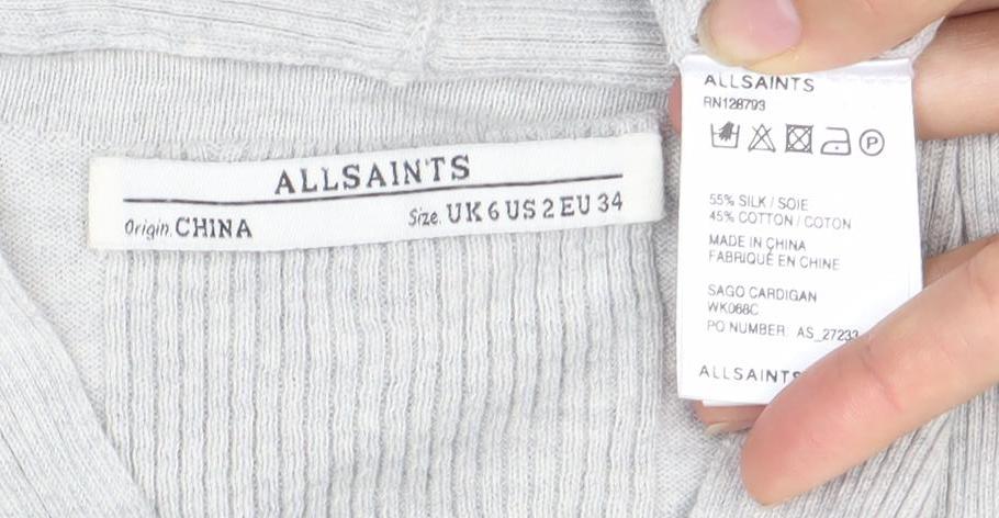 AllSaints Women's Grey Open Front Cardigan Size UK 6 Silk Cotton