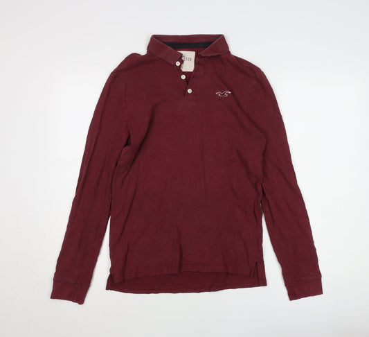 Hollister Men's Red Long Sleeve Polo, Size S, Logo Accent