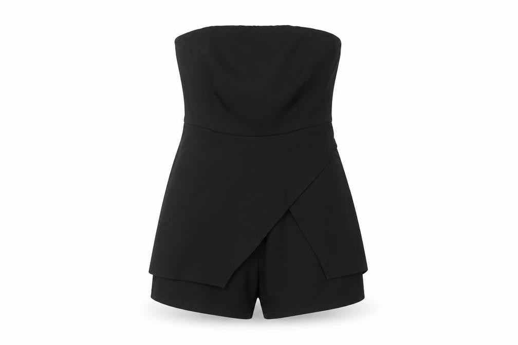 Front view of Missguided Women's Black Belted Strapless Playsuit, M, Party Ready