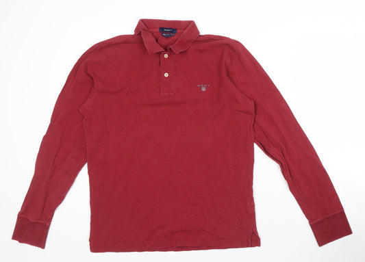 GANT Men's Red Long Sleeve Polo, Size M - Classic Casual Cotton