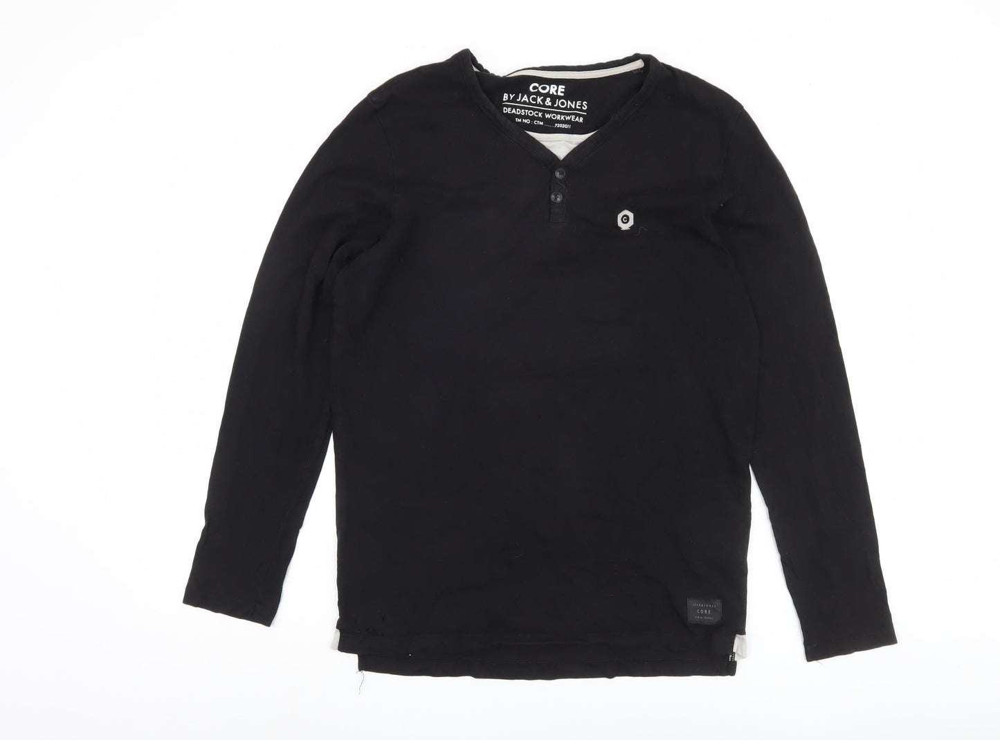 Jack & Jones Men's Black Henley Long Sleeve T-Shirt M