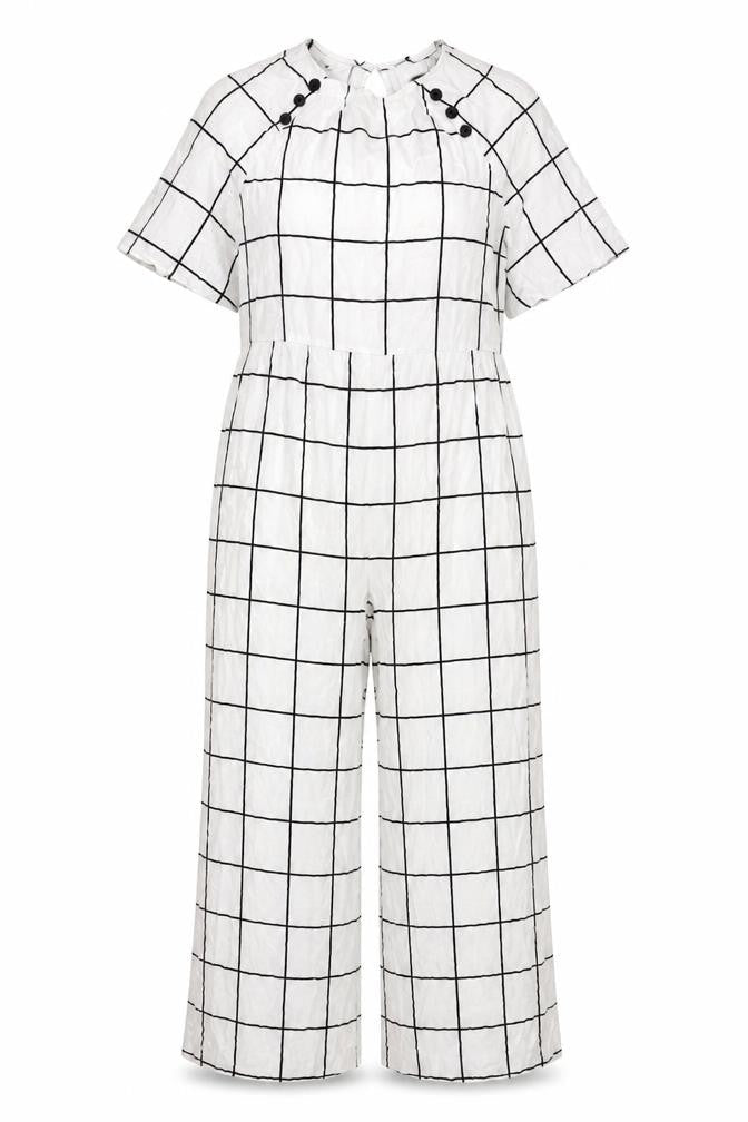 Front view of ASOS DESIGN Women's White Check Jumpsuit, size 12