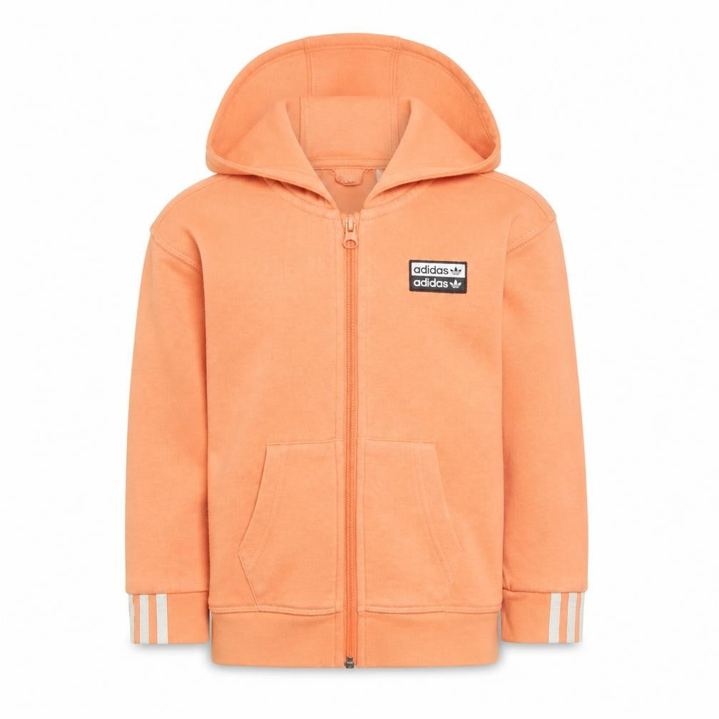 Front view of Adidas girls’ orange full zip hoodie 5-6 years cotton blend