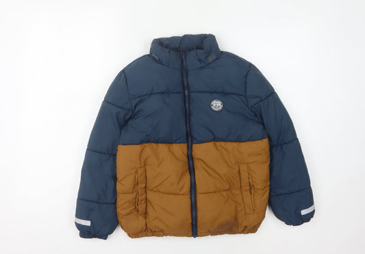 H&M Boys Blue Brown Puffer Jacket 9-10 Yrs Reflective Zip Pockets