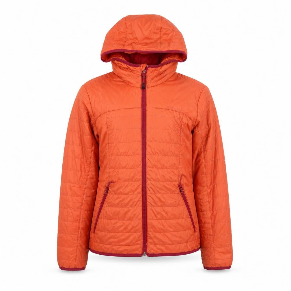 Front view of Decathlon girls’ orange puffer jacket - 14 years, hooded, mid-length