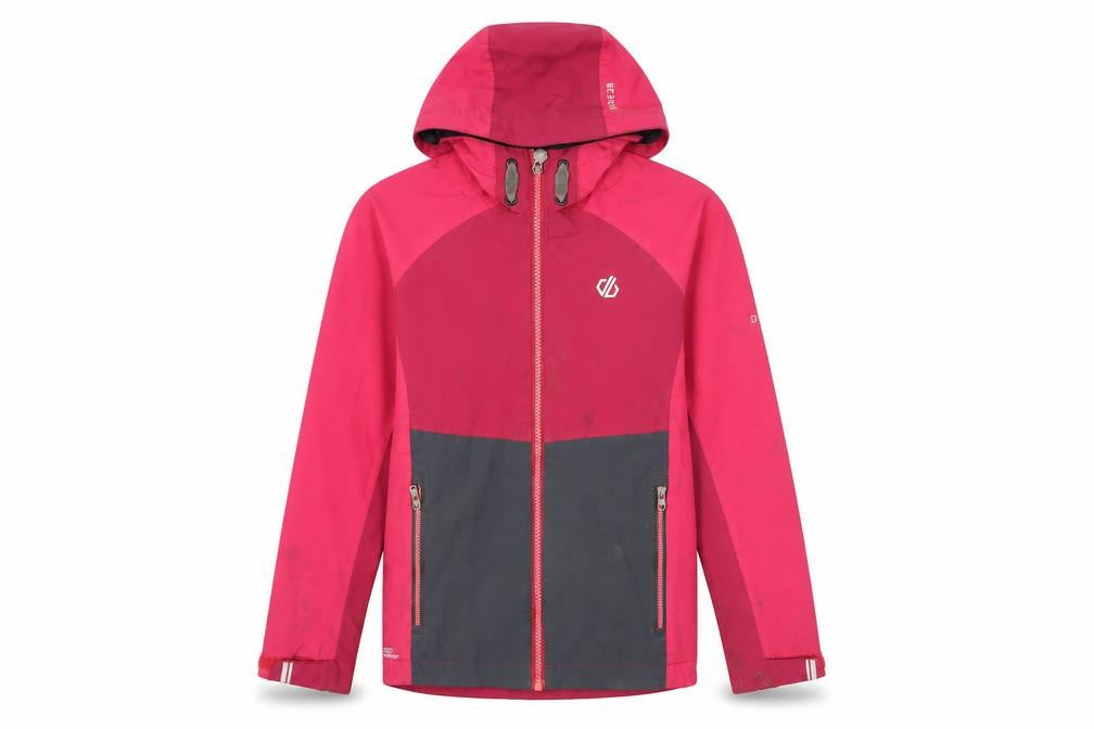 Front view of Dare 2b girls’ pink rain coat 9-10 years hooded jacket
