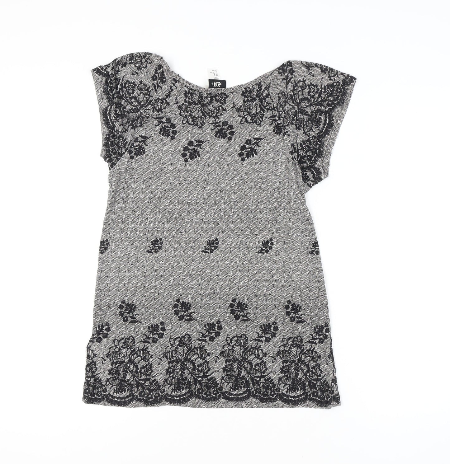 H&M Women's Black Floral T-Shirt, Size M, Round Neck