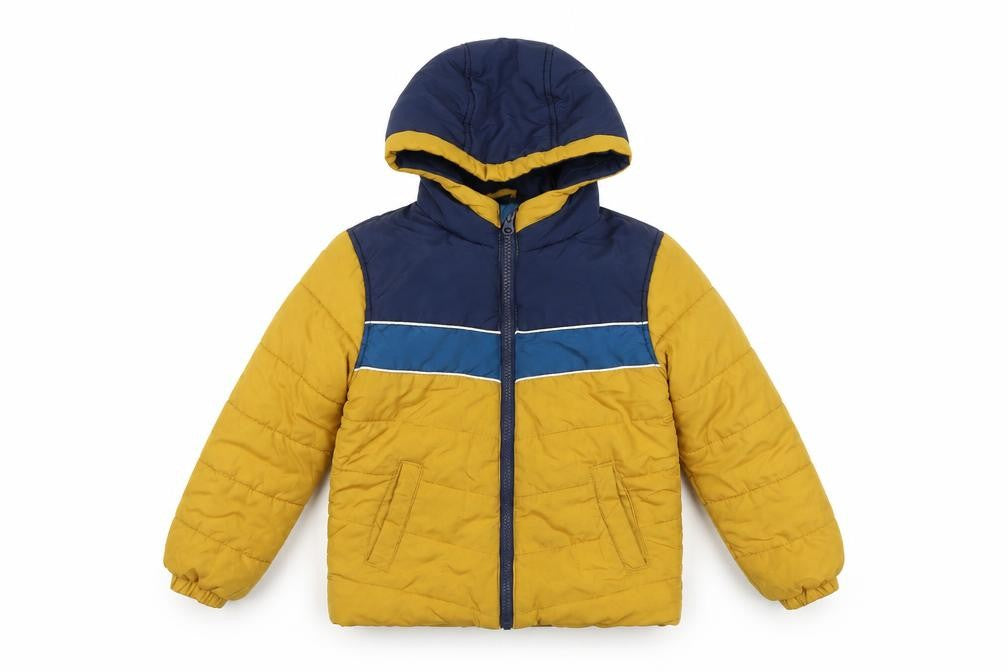 Front view of Dunnes boys’ blue yellow puffer jacket 5 years winter hooded