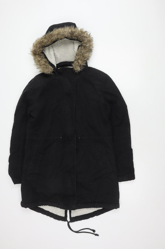 GAP Women's Black Parka Coat S Hooded Fur Trim