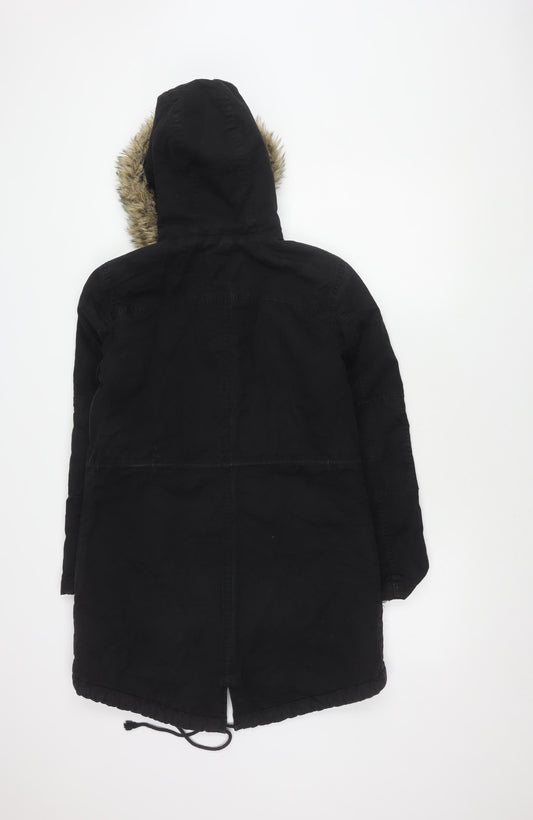 GAP Women's Black Parka Coat S Hooded Fur Trim
