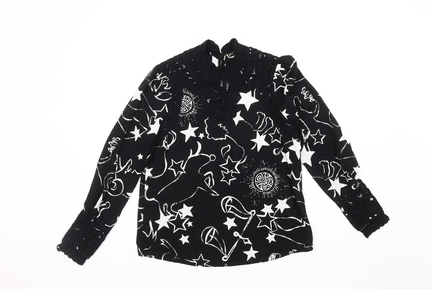 BIBA Women's Black Star Print High Neck Blouse, Size 10