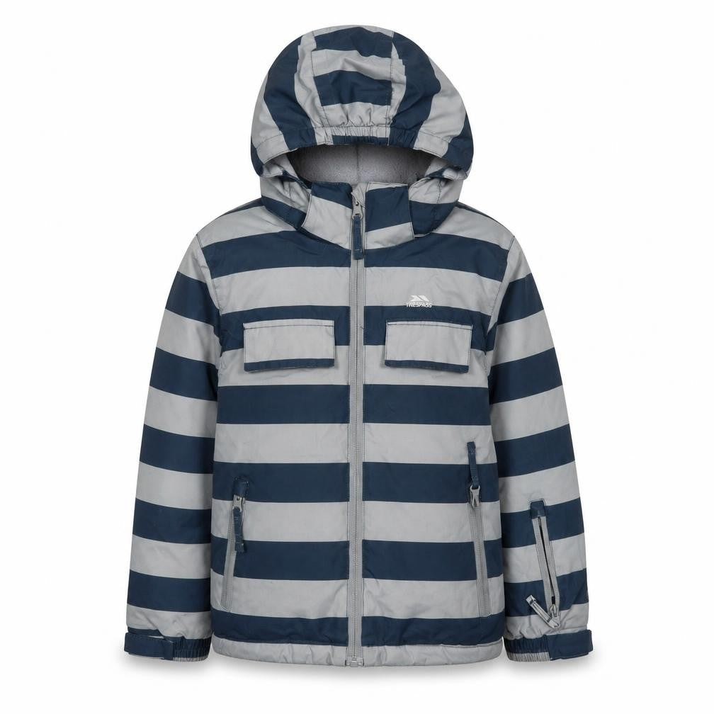Front view of Trespass boys’ blue striped parka jacket 5-6 years waterproof