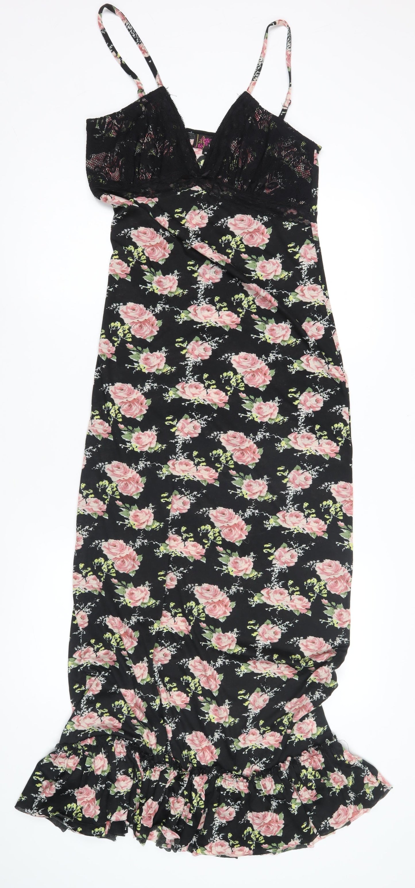 Yumi Women's Black Floral Slip Dress - Size M, Lace Accents