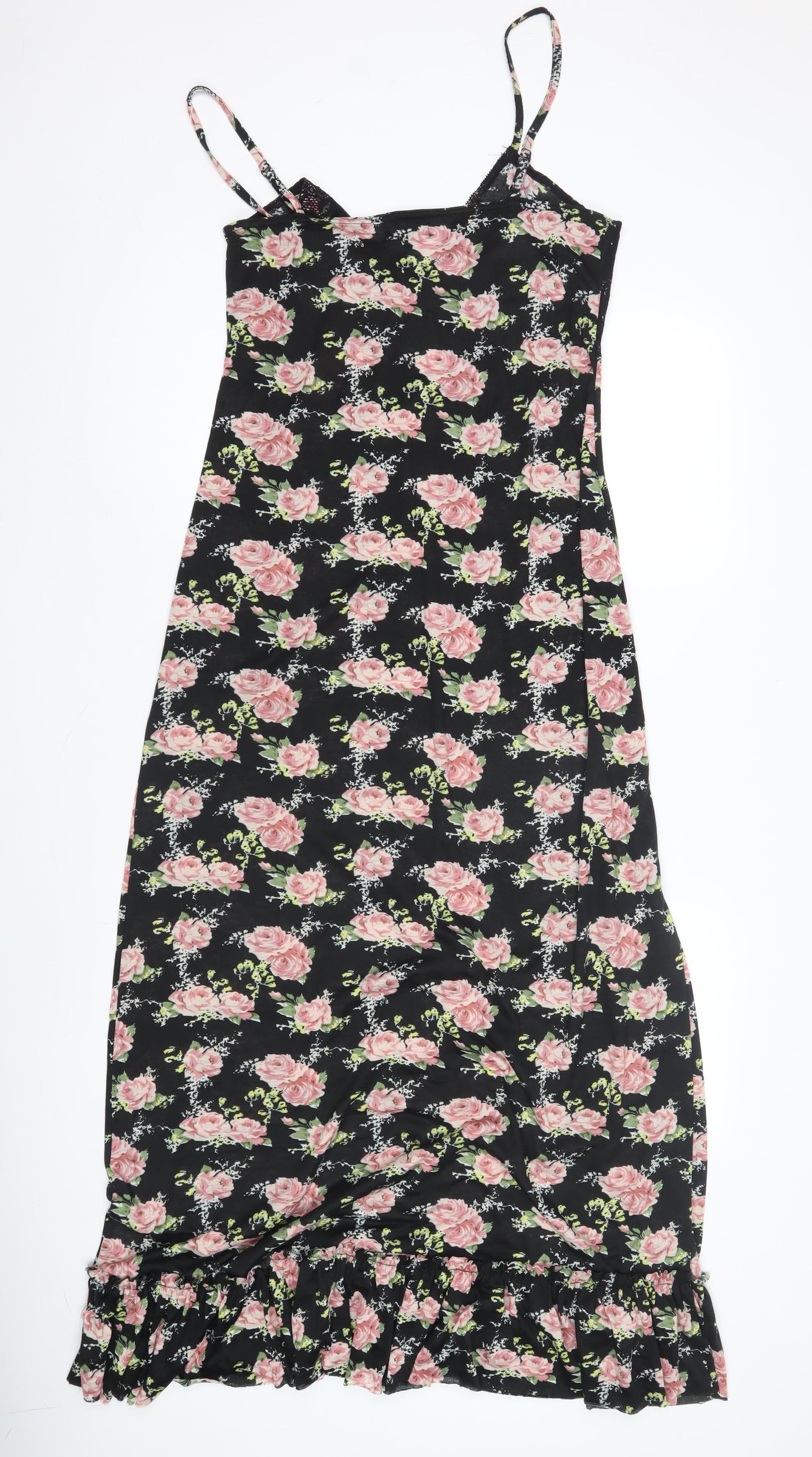 Yumi Women's Black Floral Slip Dress - Size M, Lace Accents
