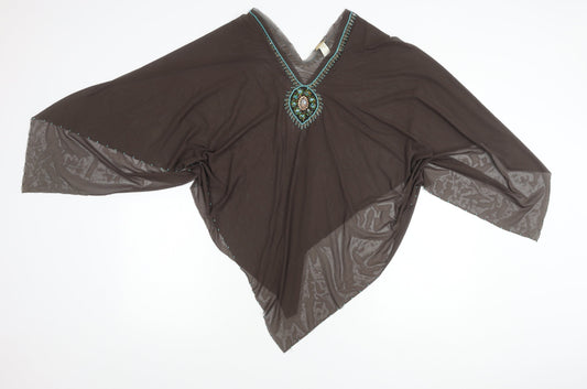 Piedras Women's Brown Beaded V-Neck Top, One Size