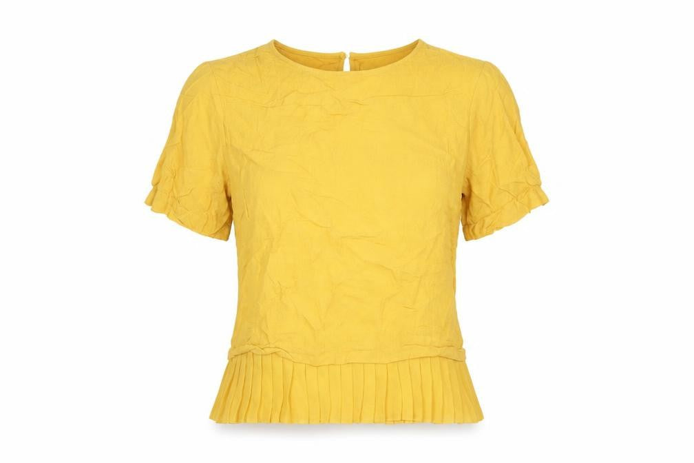 Front view of Zara Woman Yellow Short Sleeve Top, size 8, Round Neck