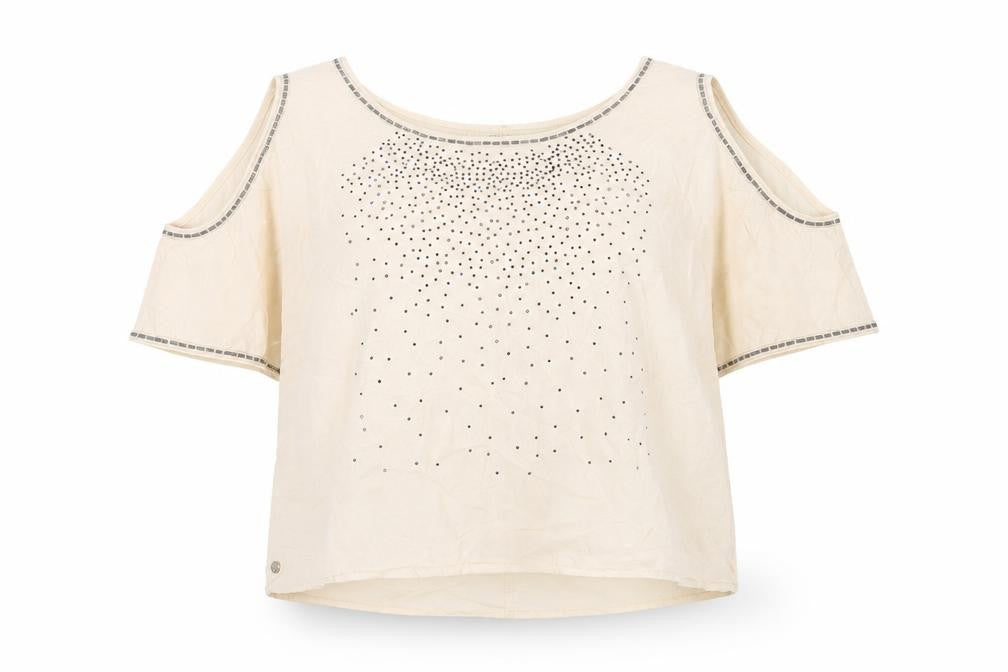 Rock & Revival Women's Beige Studded Cold Shoulder Top