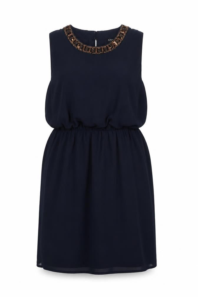 Warehouse Women's Blue Beaded Sleeveless Dress