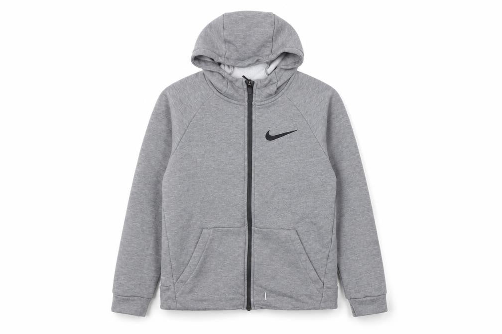Front view of Nike boys’ grey full zip hoodie -, size L, perfect for school and gym