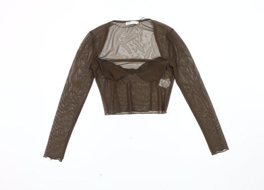 Pull&Bear Women's Brown Slim Fit Mesh Blouse M