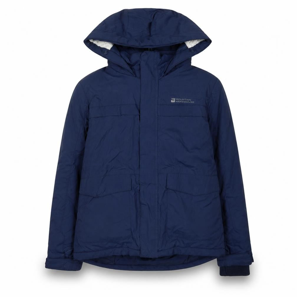 Front view of Mountain Warehouse boys’ blue parka jacket, size 7-8, waterproof