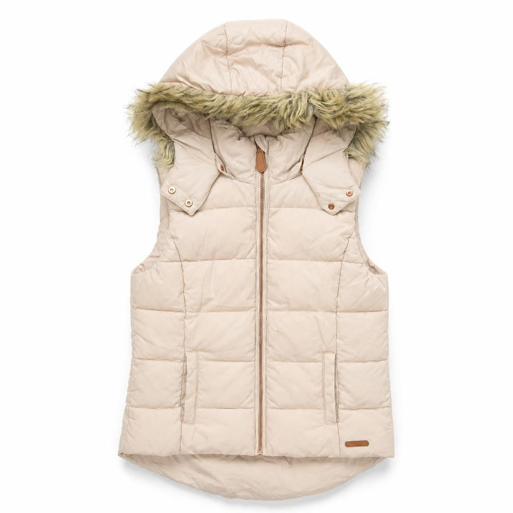 Front view of L.O.G.G. girls’ beige puffer jacket with fur hood, size 11, years