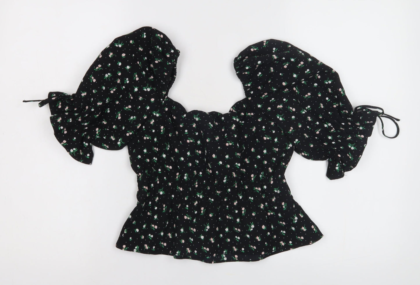 H&M Women's Black Floral Off-Shoulder Puff Sleeve Blouse XS