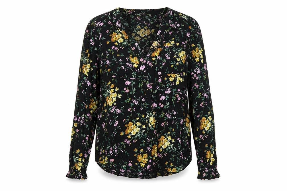 Oasis Women's Black Floral Blouse, Size 12, V-Neck