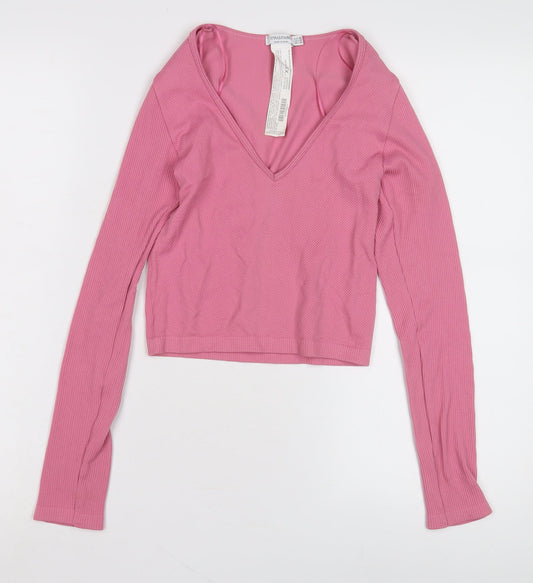 Stradivarius Women's Pink Cropped V-Neck Top XS