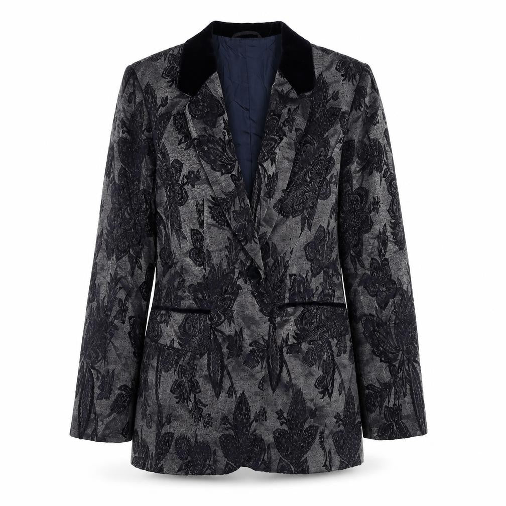 Front view of Vera Mont Women's Black Floral Blazer, size 10